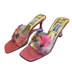 Timothy Hitsman Pink Feather Bird Heels Size 6M Clear Strap Sculptural Y2K Mules thumbnail 2