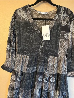 NEW! ZARA Black Gray Paisley Tiered Mini Dress SMALL Semi Sheer Balloon Sleeves thumbnail 5