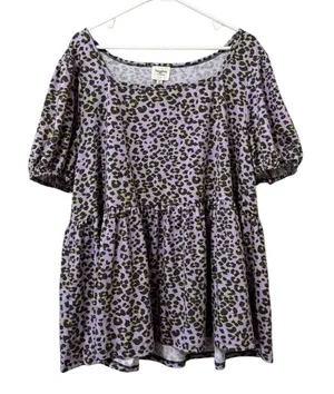 Hayden Los Angeles Women Sz‎ 1XL Cheetah Print Tiered Babydoll Top Stretch Boho thumbnail 1