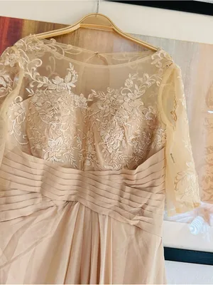 Elegant Lace Bodice Chiffon Evening Dress - Beige thumbnail 5