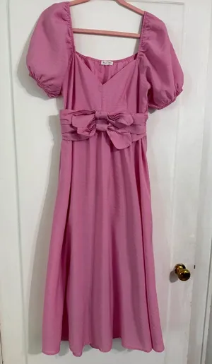 Blu Pepper Pink Puff Sleeve Bow Waist Midi Dress Sweetheart Neckline Large thumbnail 1
