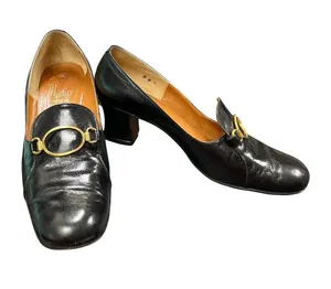 Medici Florence Italy VTG wms black leather gold bit slip dress loafers sz 8B SK thumbnail 1