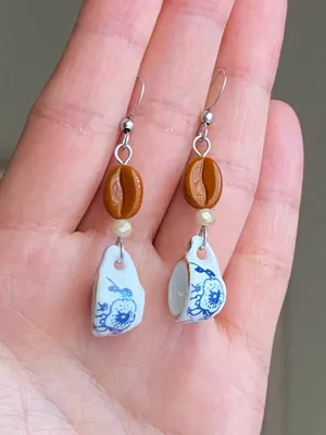 Handmade porcelain mug cup & coffee beans unique fun fairy antique style dangle earrings☕️🍃🌀 thumbnail 5