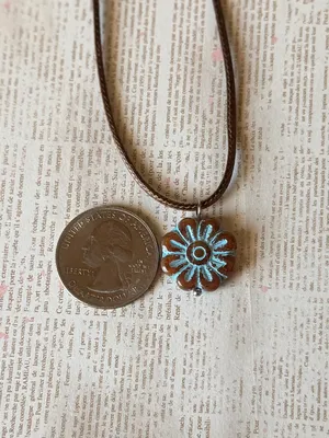 Handmade unique fairy retro cute Czech glass flower necklace🤎🩵 thumbnail 5