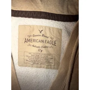American Eagle V Neck Hoodie Large Tan Heathered Fleece Pullover Boho Y2K Coasta thumbnail 4