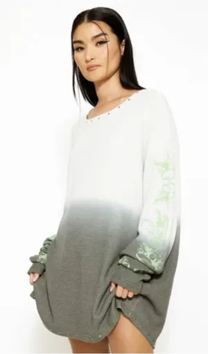 Boys Lie‎ Ombre Waffle Knit Thermal Top Grey Green Rhinestone Oversized OSO thumbnail 1