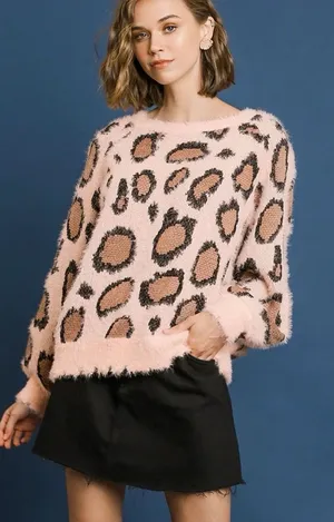 Umgee Leopard Print Fuzzy Sweater Pink Animal Print Oversized Size Small thumbnail 1