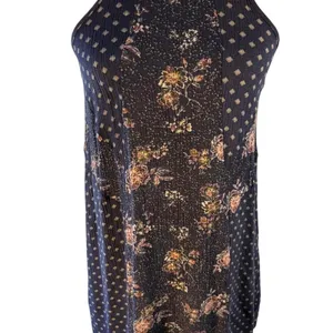 Wallflower Navy blue floral and polka dot rayon dress with gold accents thumbnail 2