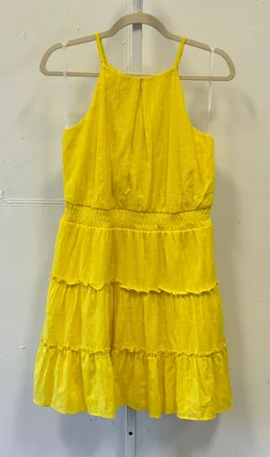 A. Byer Yellow Swiss Dot Halter‎ Mini Dress Smocked Waist Tiered Skirt Medium thumbnail 1