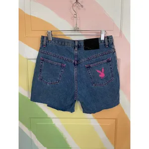 Playboy Bunny Denim Cutoff Shorts Pink Stitch Y2K Made USA Womens 7 thumbnail 4