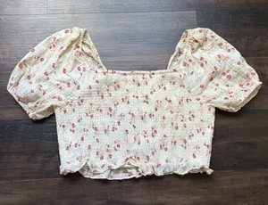 American Eagle Outfitters XXL Cream Crop Top with Pink Floral Print thumbnail 1