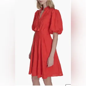Eliza J Floral Embroidered Puff Sleeve Cotton Fit & Flare Dress in Red 14 thumbnail 2