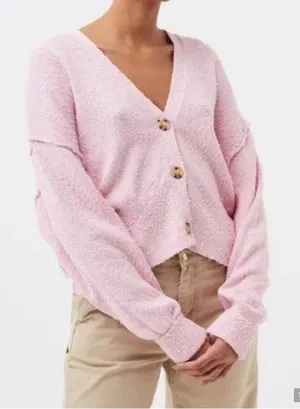 FREE PEOPLE Women’s Cardigan Pink Oversized Vneck Knit Boho Size M thumbnail 1