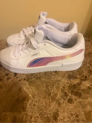Puma White Leather Sneakers with Iridescent Lace Tabs thumbnail 3