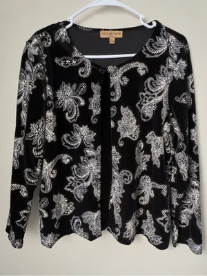 Notations Petite PXL Black Velvet Silver Paisley Floral Shimmer Cardigan thumbnail 1
