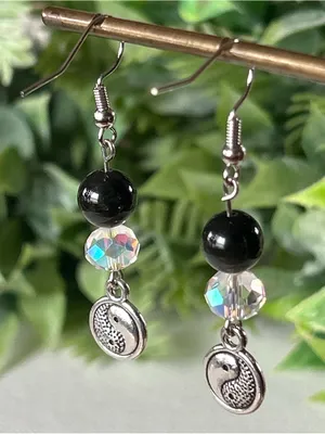 Handmade black obsidian and silver Yin Yang Dangle Earrings thumbnail 4