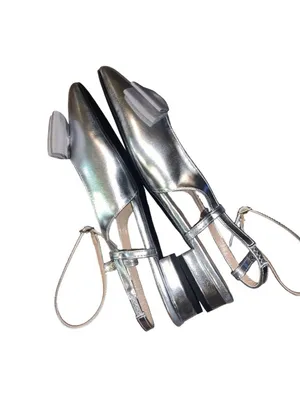 C. Paravano Size 8.5 (EU 39.5)- Sling Back Flats - Silver With Bow Accent. thumbnail 7
