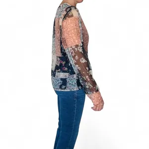 Colorful Floral Patchwork Boho Sheer Long Sleeve Shirt thumbnail 6