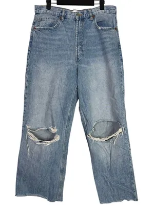 Zara Vintage Style Wide Leg Distressed Cropped Ankle Jean Raw Hem Cotton 10 Blue thumbnail 1