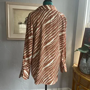 A New Day Brown Cream Animal Print Silky Blouse Button up Top Oversized Dinner thumbnail 3