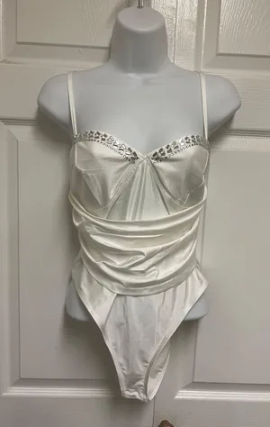 SheIn Sexy White Rhinestone Detail Ruched Bustier Cami Bodysuit thumbnail 2