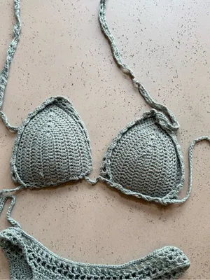 NWOT Handcrafted Grey Crochet Triangle Bikini Set Gray Size M thumbnail 3