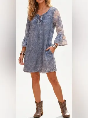 Kori Washed Denim Blue Lace-Up Bell Sleeve Mini Dress thumbnail 2