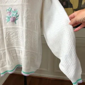 Vintage Embroidered Patchwork Cotton Sweater M White Size M thumbnail 5