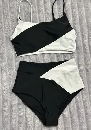 Black & White Colorblock High-Waist Bikini Set - Women Swim thumbnail 1