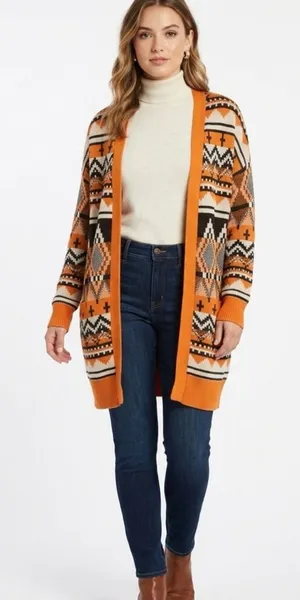 Serra Aztec Southwestern Geometric Open Front Cardigan Orange Black XL thumbnail 1