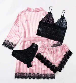 New In Bag Pink Striped Lace Satin Lingerie Set & Robe thumbnail 1