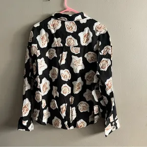 Nicole Miller Women’s 100% Linen Shirt Black & White Shell Print Button-Up L thumbnail 2