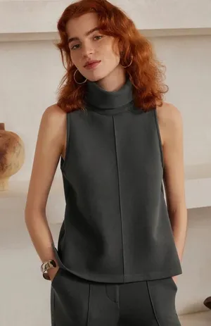 OGL Turtleneck Split Hem Top Sleeveless FuzzLuxe Deep Grey Size XS thumbnail 1