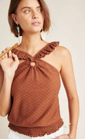 Anthropologie Marisol Ruffled Halter Top‎ Textured Brown Medium Summer Stretchy thumbnail 1