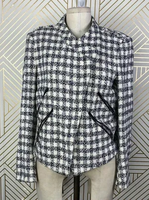 Zara Basic Checker Plaid Tweed Moto Jacket in Black & Cream Size US Medium‎ thumbnail 1