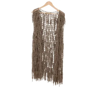 Origami Vest Womens S/M Brown Fringe Open Knit Crochet Shaggy Excellent thumbnail 2