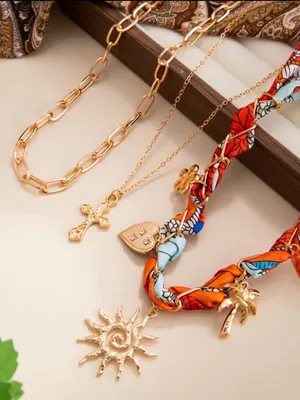 ☀️BOGOHO☀️Layered Sun & Cross Necklace Set with Orange & Blue Scarf Accent thumbnail 3