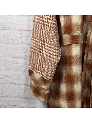 Fate Oversized Plaid Shacket Women’s Large Brown Cream Mixed Print Button NWT thumbnail 3