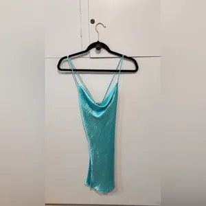 RESA Satin Mini Dress Teal Blue Slip Dress Cowl Neck Back Tie Party Date Night thumbnail 5