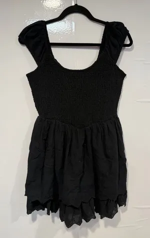 American Eagle Outfitters Black Smocked Mini Dress with Puff Shoulders thumbnail 1