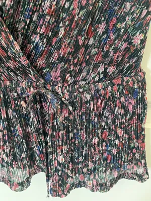 Anthropologie Dionne Metallic Ditsy Floral Blouse Large Peplum Faux Wrap thumbnail 6