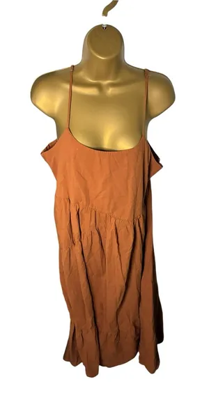Altar’d State Tiered Babydoll Midi Dress Spaghetti Strap Ruffle Hem Rust Brown L thumbnail 1