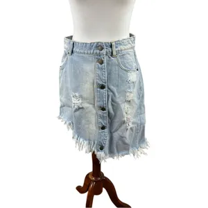 Retrofête Maeve Distressed Denim Mini Skirt Asymmetric Light Wash L thumbnail 2