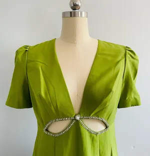 Mac Duggal Plunge Neck Puff Sleeve Cut Out Gown- Green Apple- Size 10- NWT thumbnail 5