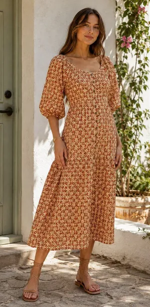 Lost + Wander Golden Dawn Orange Geometric Print Puff Sleeve Boho Maxi Dress S thumbnail 1