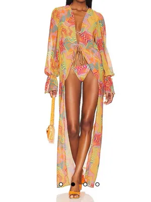 Bananhot Long Multi-Color Sheer Long Sleeve Cover-Up In Waves Size M/L thumbnail 2