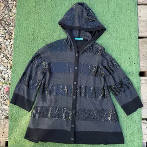 Alice + Olivia Black and Gray 100% Wool Sequin Hooded Button Cardigan Medium thumbnail 7
