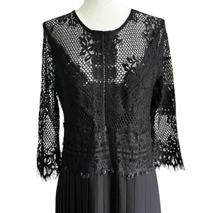 Zara Basic Black Lace Pleated Midi Dress Sz Large 3/4 Sleeves Sheer Back | 65-32 thumbnail 3