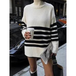 Commense Miss Paris Cozy Soft Mock Neck Stripe Sweater Minimalist Cream Black S thumbnail 8