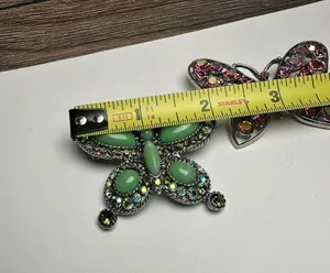 Rhinestone Butterfly Insect Brooch Pin Lot Of 2 Silver Tone 1 Green & 1 Pink thumbnail 2